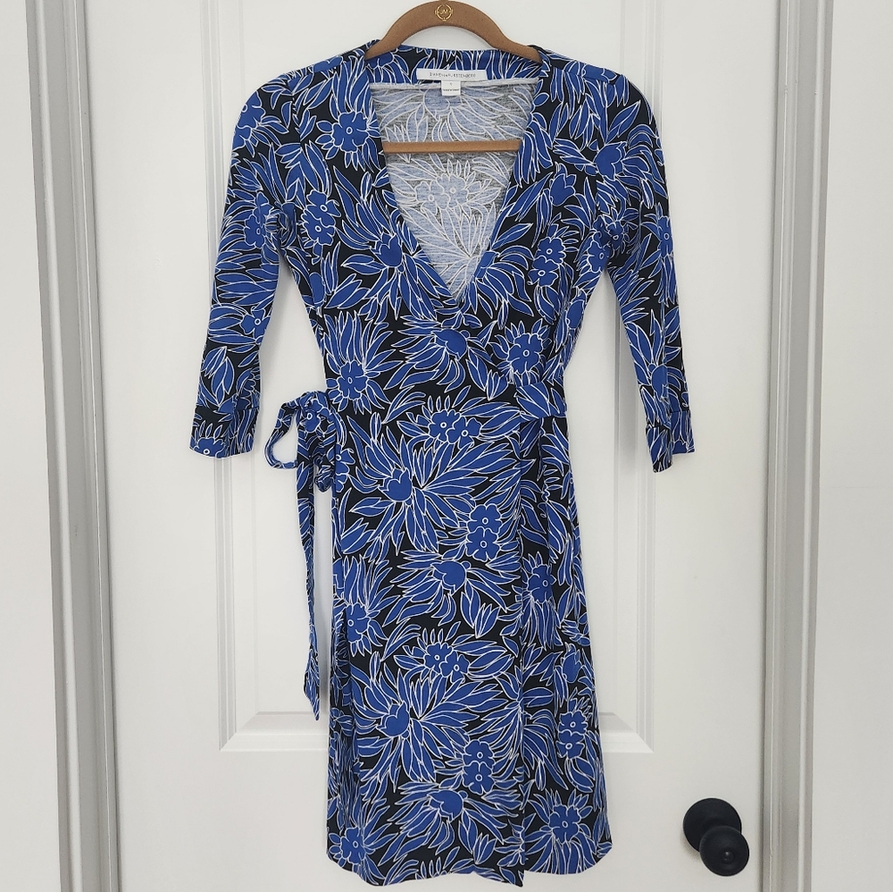 Diane Von Furstenberg Julian Floral Print Wrap Dress Mini Cotton Blue 0 - Picture 2 of 6